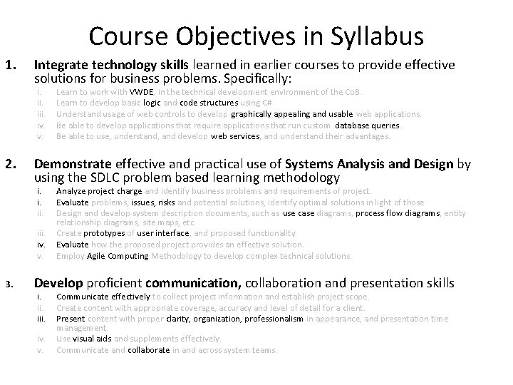 Course Objectives in Syllabus 1. Integrate technology skills learned in earlier courses to provide