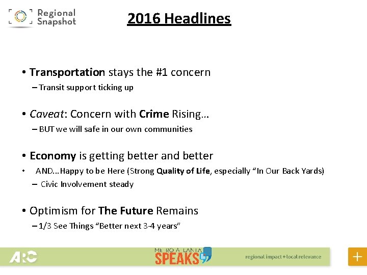 2016 Headlines • Transportation stays the #1 concern – Transit support ticking up •