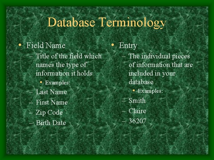 Database Terminology • Field Name – Title of the field which names the type Database Terminology • Field Name – Title of the field which names the type