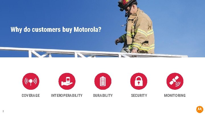 Why do customers buy Motorola? COVERAGE 3 INTEROPERABILITY DURABILITY SECURITY MONITORING 