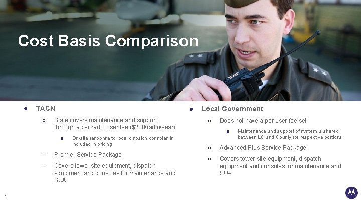 Cost Basis Comparison ● TACN ○ ● State covers maintenance and support through a