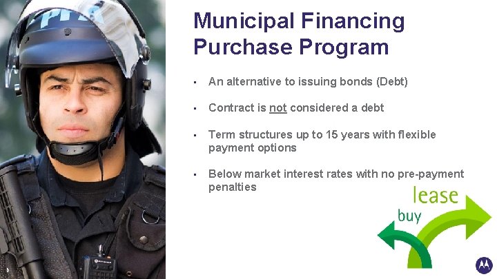 Municipal Financing Purchase Program 6 • An alternative to issuing bonds (Debt) • Contract