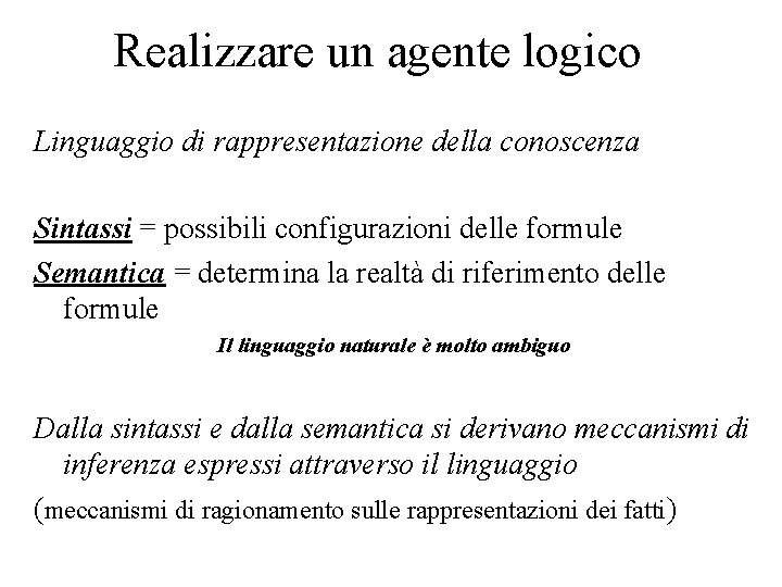 Realizzare un agente logico Linguaggio di rappresentazione della conoscenza Sintassi = possibili configurazioni delle