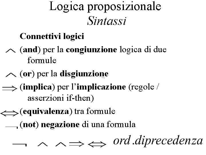 Logica proposizionale Sintassi Connettivi logici (and) per la congiunzione logica di due formule (or)