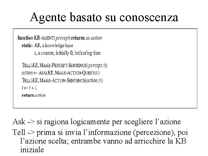 Agente basato su conoscenza Ask -> si ragiona logicamente per scegliere l’azione Tell ->