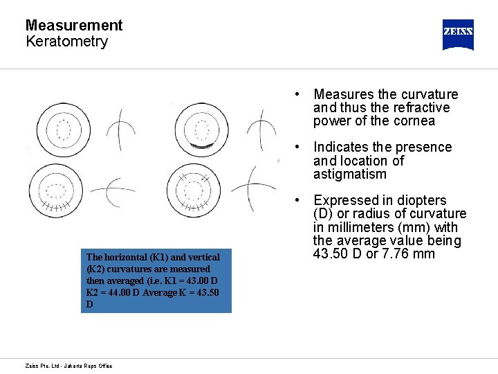 Measurement Keratometry • Measures the curvature and thus the refractive power of the cornea