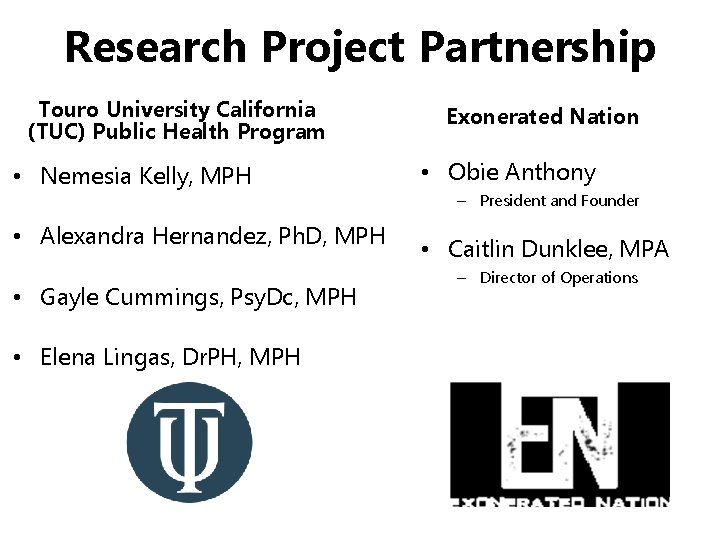 Research Project Partnership Touro University California (TUC) Public Health Program • Nemesia Kelly, MPH