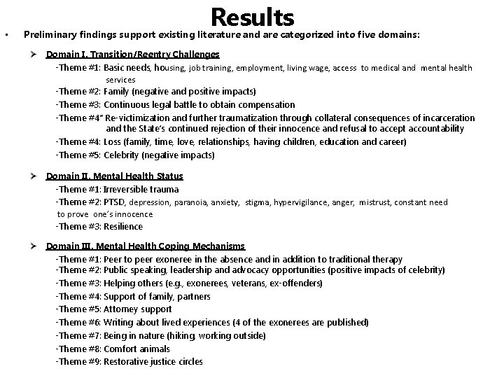  • Results Preliminary findings support existing literature and are categorized into five domains: