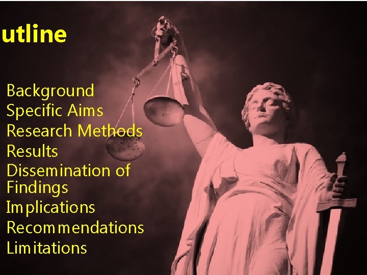 Outline Background Specific Aims Research Methods Results Dissemination of Findings • Implications • Recommendations