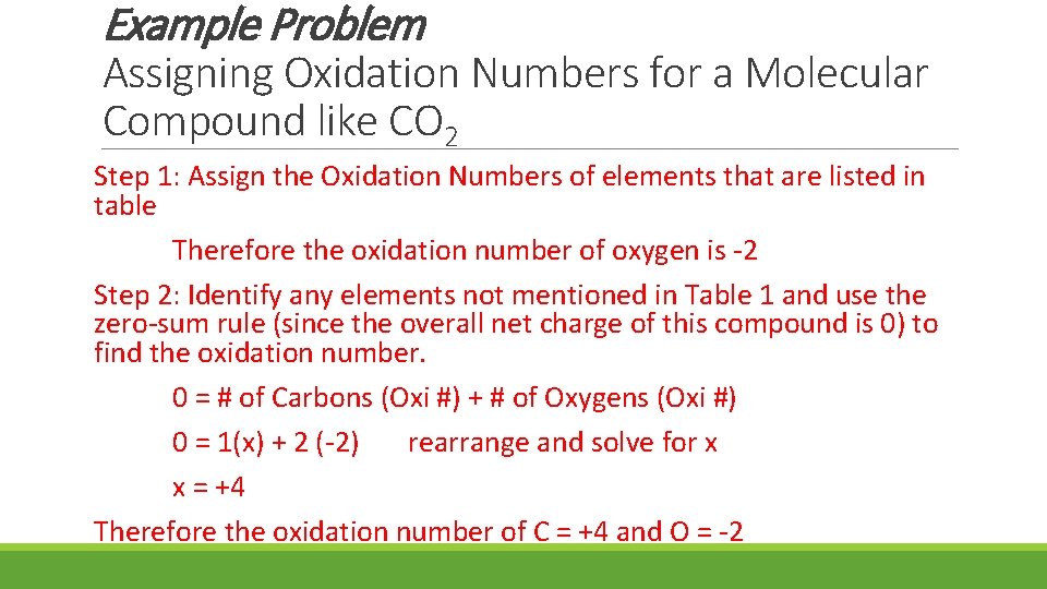 Example Problem Assigning Oxidation Numbers for a Molecular Compound like CO 2 Step 1: