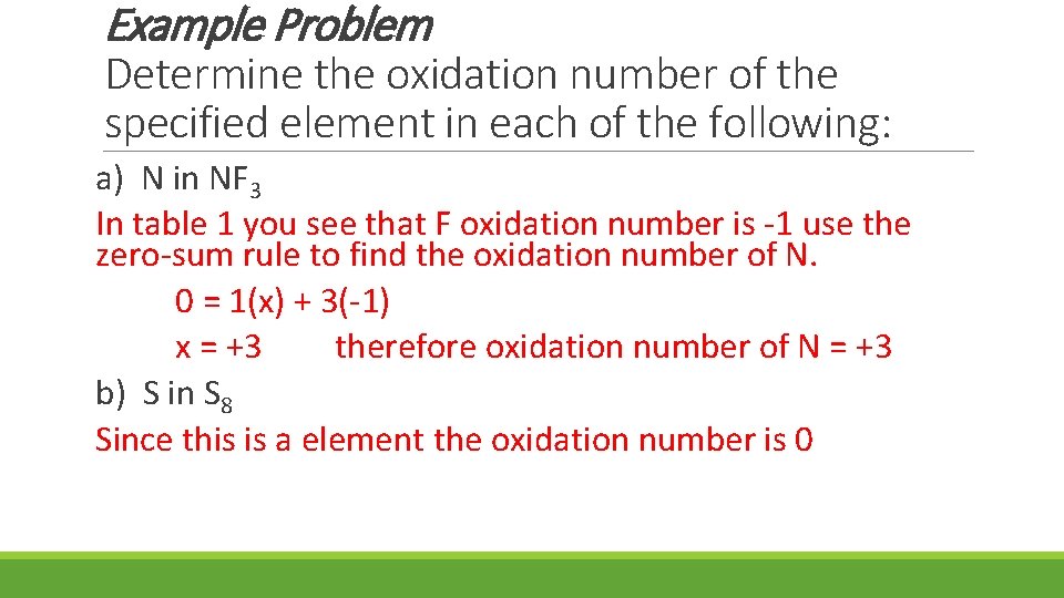 Example Problem Determine the oxidation number of the specified element in each of the