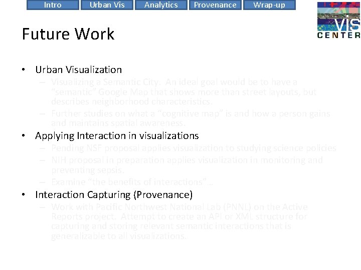 Intro Urban Vis Analytics Provenance Wrap-up Future Work • Urban Visualization – Visualizing a