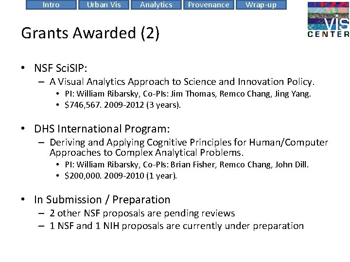 Intro Urban Vis Analytics Provenance Wrap-up Grants Awarded (2) • NSF Sci. SIP: –