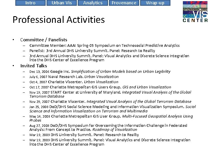 Intro Urban Vis Analytics Provenance Wrap-up Professional Activities • Committee / Panelists – Committee