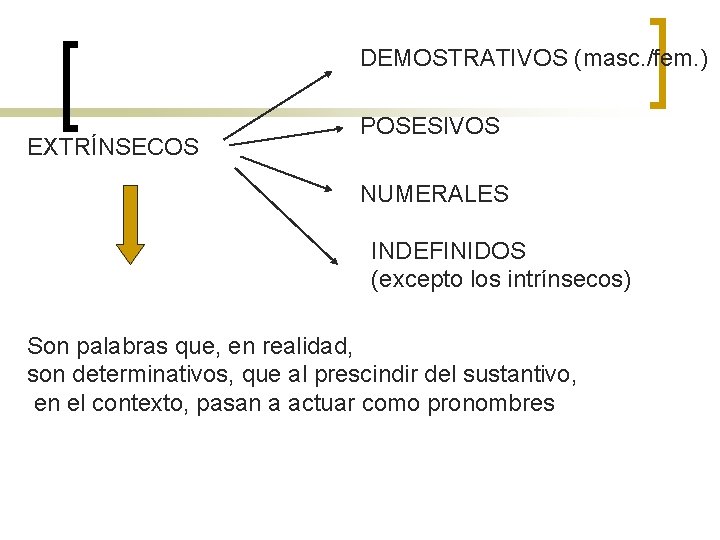 DEMOSTRATIVOS (masc. /fem. ) EXTRÍNSECOS POSESIVOS NUMERALES INDEFINIDOS (excepto los intrínsecos) Son palabras que,