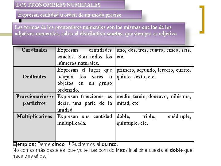 LOS PRONOMBRES NUMERALES Expresan cantidad u orden de un modo preciso Las formas de