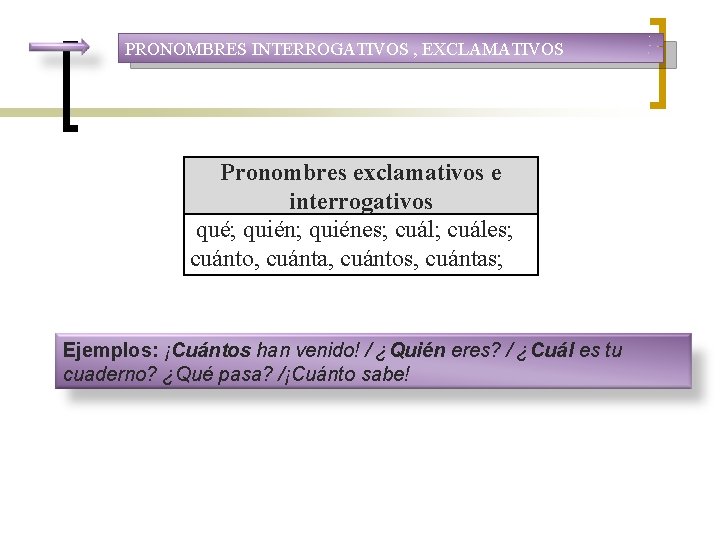 PRONOMBRES INTERROGATIVOS , EXCLAMATIVOS Pronombres exclamativos e interrogativos qué; quiénes; cuáles; cuánto, cuánta, cuántos,