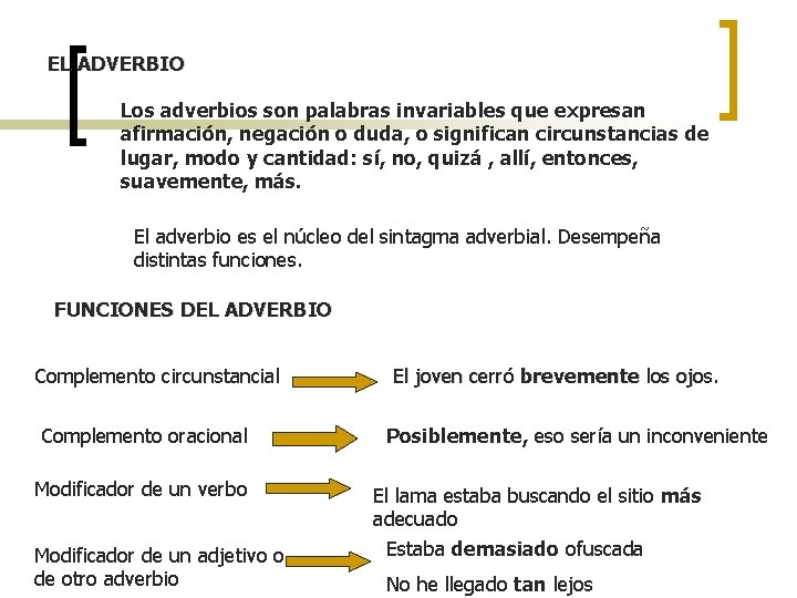 EL ADVERBIO Los adverbios son palabras invariables que expresan afirmación, negación o duda, o