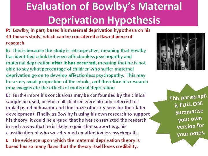 Evaluation of Bowlby’s Maternal Deprivation Hypothesis P: Bowlby, in part, based his maternal deprivation