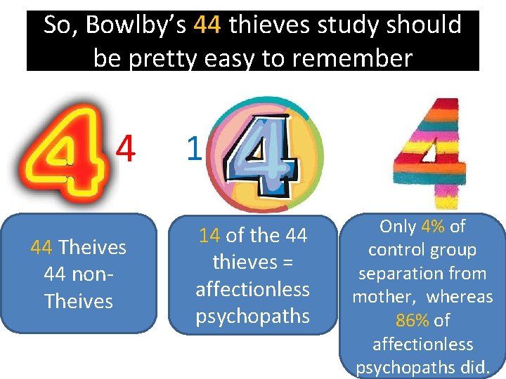 So, Bowlby’s 44 thieves study should be pretty easy to remember 4 44 Theives