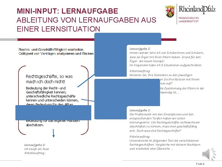 MINI-INPUT: LERNAUFGABE ABLEITUNG VON LERNAUFGABEN AUS EINER LERNSITUATION Lernaufgabe 1: Immer wieder höre ich