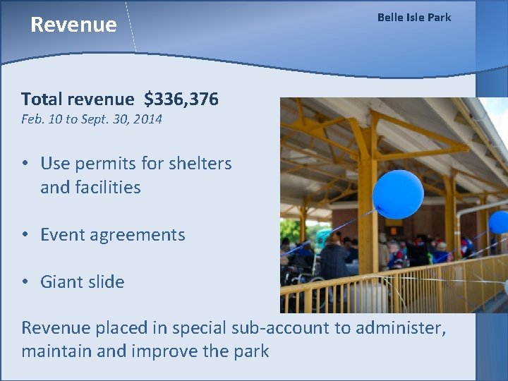 Revenue Belle Isle Park Total revenue $336, 376 Feb. 10 to Sept. 30, 2014