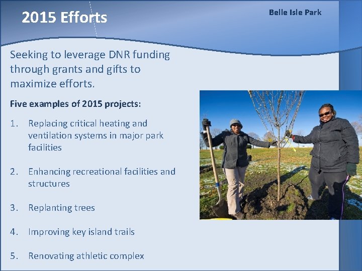 2015 Efforts Seeking to leverage DNR funding through grants and gifts to maximize efforts.
