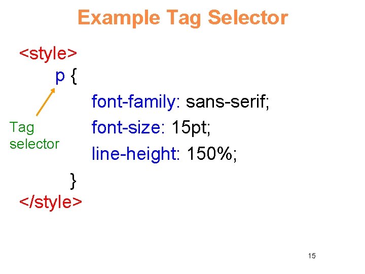 Example Tag Selector <style> p{ Tag selector font-family: sans-serif; font-size: 15 pt; line-height: 150%;