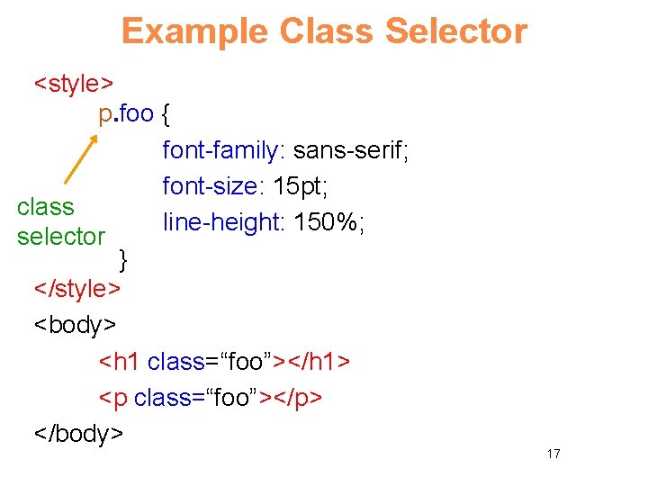 Example Class Selector <style> p. foo { font-family: sans-serif; font-size: 15 pt; class line-height: