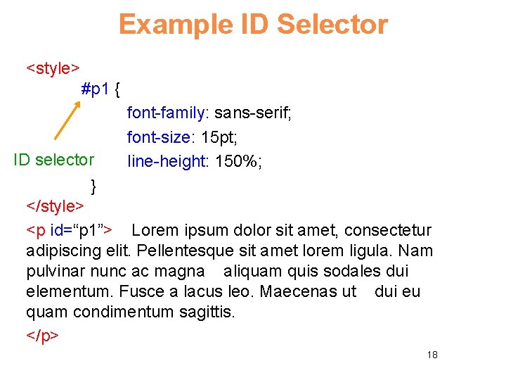 Example ID Selector <style> #p 1 { ID selector font-family: sans-serif; font-size: 15 pt;