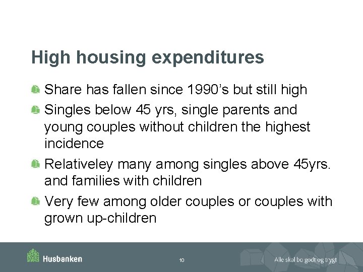 High housing expenditures Share has fallen since 1990’s but still high Singles below 45