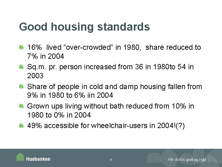 Good housing standards 16% lived ”over-crowded” in 1980, share reduced to 7% in 2004