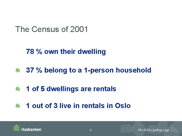 The Census of 2001 78 % own their dwelling 37 % belong to a
