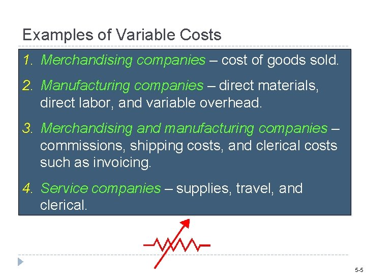 Examples of Variable Costs 1. Merchandising companies – cost of goods sold. 2. Manufacturing