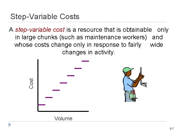 Step-Variable Costs Cost A step-variable cost is a resource that is obtainable only in