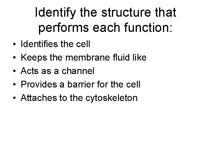 Identify the structure that performs each function: • • • Identifies the cell Keeps