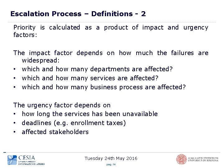 Escalation Process – Definitions - 2 Priority is calculated as a product of impact