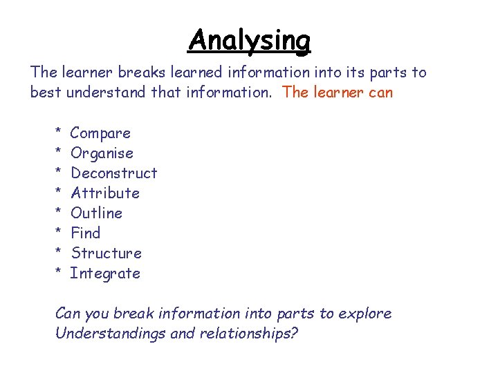 Analysing The learner breaks learned information into its parts to best understand that information.