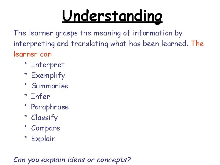 Understanding The learner grasps the meaning of information by interpreting and translating what has