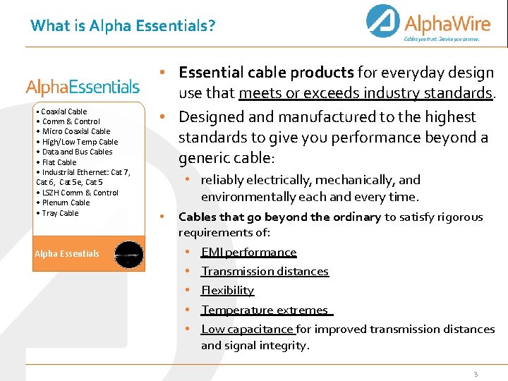 What is Alpha Essentials? • Coaxial Cable • Comm & Control • Micro Coaxial