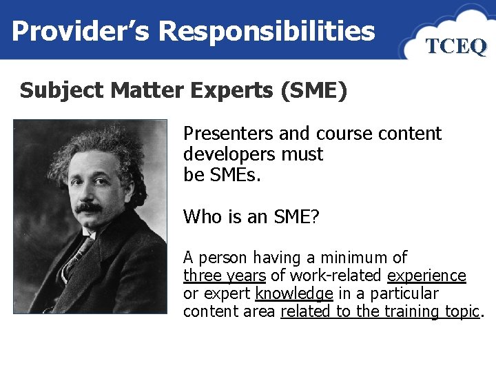 Provider’s Responsibilities TCEQ Subject Matter Experts (SME) Presenters and course content developers must be