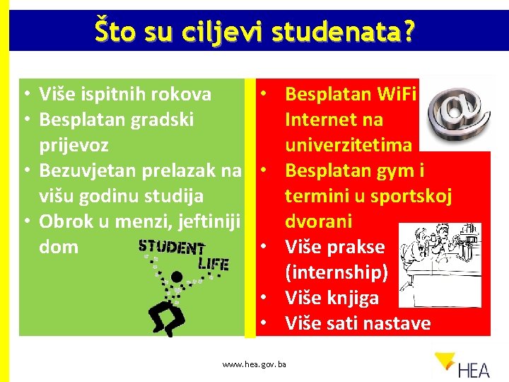 Što su ciljevi studenata? • Više ispitnih rokova • Besplatan Wi. Fi • Besplatan