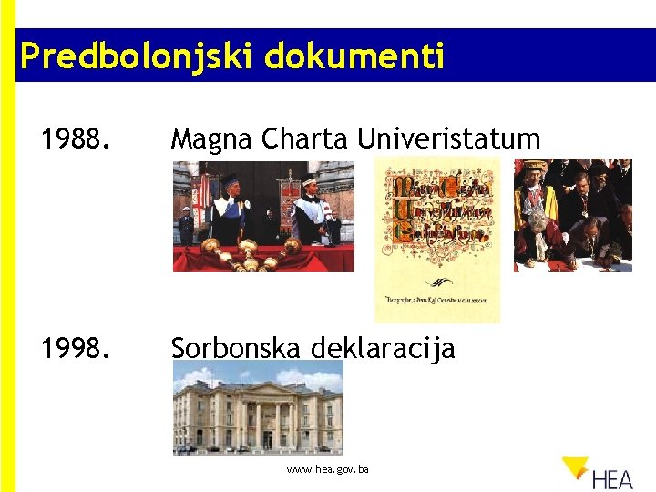 Predbolonjski dokumenti 1988. Magna Charta Univeristatum 1998. Sorbonska deklaracija www. hea. gov. ba 