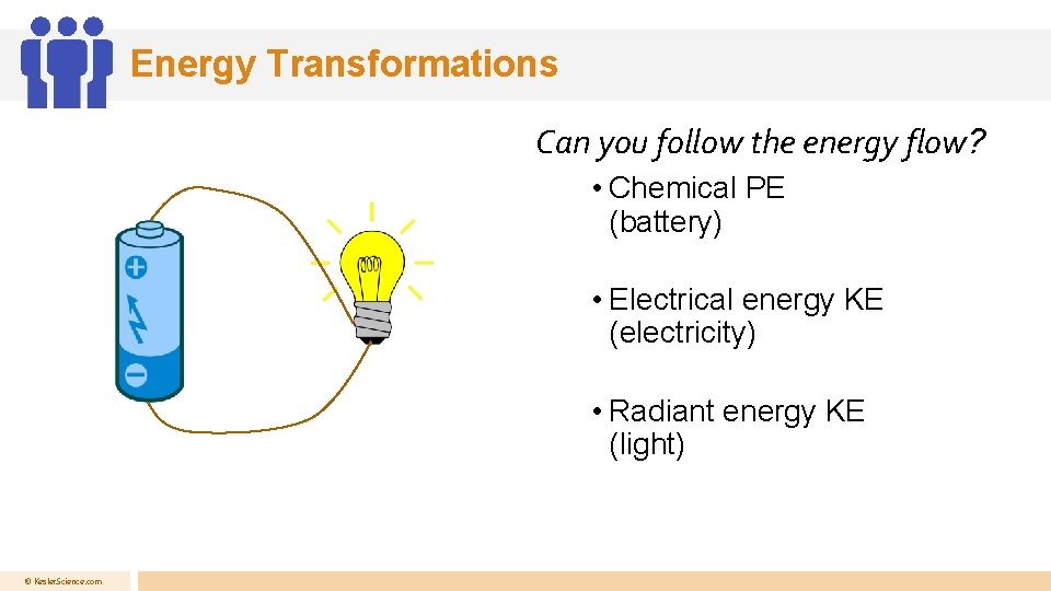 Energy Transformations Can you follow the energy flow? • Chemical PE (battery) • Electrical