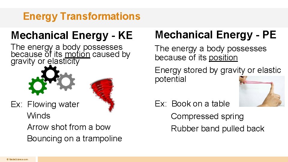 Energy Transformations Mechanical Energy - KE Mechanical Energy - PE The energy a body