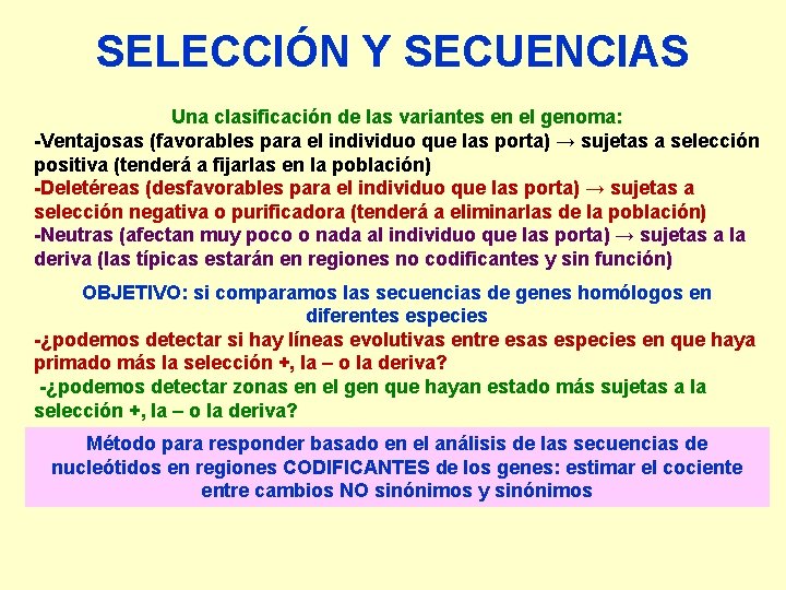 SELECCIÓN Y SECUENCIAS Una clasificación de las variantes en el genoma: -Ventajosas (favorables para