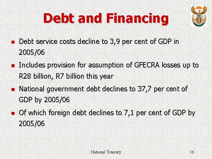 Debt and Financing n Debt service costs decline to 3, 9 per cent of