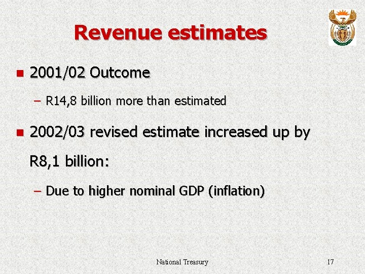 Revenue estimates n 2001/02 Outcome – R 14, 8 billion more than estimated n