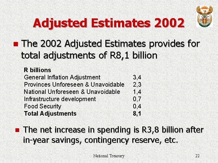 Adjusted Estimates 2002 n The 2002 Adjusted Estimates provides for total adjustments of R