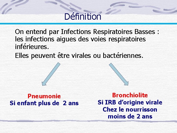 Définition On entend par Infections Respiratoires Basses : les infections aigues des voies respiratoires